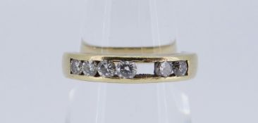 18CT YELLOW GOLD SEVEN-STONE DIAMOND RING (SIX STONES, ONE MISSING), 4.3gms