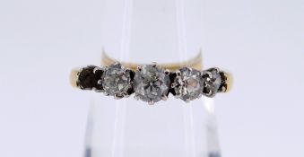 18CT YELLOW GOLD FIVE-STONE GRADUATED DIAMOND RING (FOUR STONES 1 MISSING), 5.4gms, 0.5cts