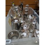 ASSORTED SILVER PLATED TABLE WARES including coffee pots, teapot, vases, candlesticks, sugar, trug
