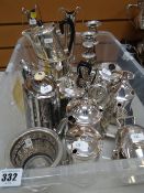 ASSORTED SILVER PLATED TABLE WARES including coffee pots, teapot, vases, candlesticks, sugar, trug