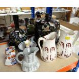 ASSORTED VICTORIAN POTTERY including enameled cheese dome and stand, bottle flask and stand, various