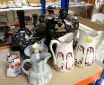 ASSORTED VICTORIAN POTTERY including enameled cheese dome and stand, bottle flask and stand, various