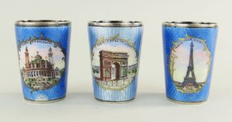 THREE GERMAN SILVER GILT & GUILLOCHE ENAMEL VODKA CUPS, 935 standard, coronet and fir tree marks,