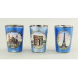 THREE GERMAN SILVER GILT & GUILLOCHE ENAMEL VODKA CUPS, 935 standard, coronet and fir tree marks,