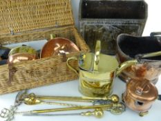 QUANTITY OF VINTAGE & ANTIQUE BRASS & COPPER WARES including helmet shaped coal scuttle, brass