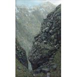 DAVID WOODFORD oil and construction on board - dramatic Eryri cliff face, circa 1960s / 70s, signed,