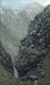 DAVID WOODFORD oil and construction on board - dramatic Eryri cliff face, circa 1960s / 70s, signed,