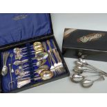 ASSORTED SILVER & ENAMEL SOUVENIR SPOONS, six silver gateau forks, other spoons and a silver mounted