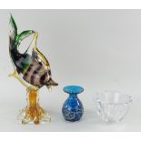 FOUR ITEMS OF MID-CENTURY ART GLASS including Murano-type fish glass on lobed stand, 34.5cms high,