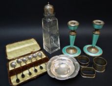 GROUP COLLECTIBLE SILVERWARE, including pair of George V enamelled boudoir candlesticks, George V