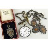SILVER POCKET WATCH TOGETHER WITH THREE SILVER PENDANTS ON 'T' BAR CHAIN AND BOXED SINGLE SILVER