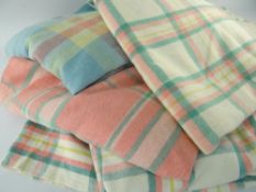 FOUR VINTAGE WOOLLEN BLANKETS, generally woven in cream, green, pink, yellow and blue ETC (4)