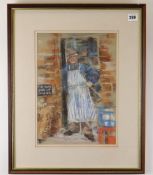 SUE McDONAGH pastel - Llantwit Major butcher, signed, 35 x 25cms