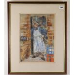 SUE McDONAGH pastel - Llantwit Major butcher, signed, 35 x 25cms