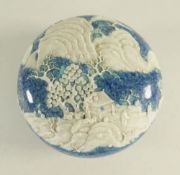 CHINESE ROBIN'S EGG PORCELAIN, circular paste box and cover, with moulded landscape decoration to