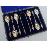 EDWARD VII CASED SET OF SIX SILVER APOSTLE SPOONS & SUGAR NIPS, London 1904, Charles Boyton & Son,