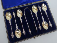 EDWARD VII CASED SET OF SIX SILVER APOSTLE SPOONS & SUGAR NIPS, London 1904, Charles Boyton & Son,