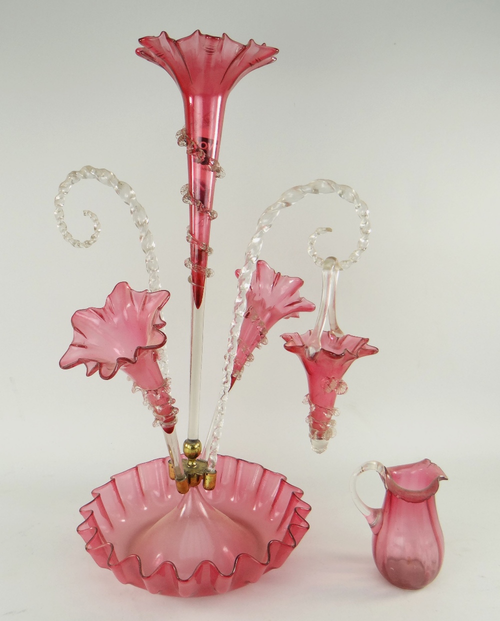 VICTORIAN CRANBERRY GLASS EPERGNE with three trumpets, two canes and a basket together with small