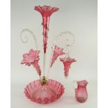 VICTORIAN CRANBERRY GLASS EPERGNE with three trumpets, two canes and a basket together with small