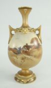 ROYAL WORCESTER PORCELAIN TWIN-HANDLED VASE shape 2440, decorated with a thatched cottage in a rural