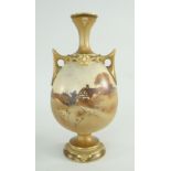 ROYAL WORCESTER PORCELAIN TWIN-HANDLED VASE shape 2440, decorated with a thatched cottage in a rural