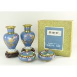 PAIR OF CHINESE CLOISONNE ENAMEL DRAGON VASES & STANDS, 20cms high and a pair of covered jars