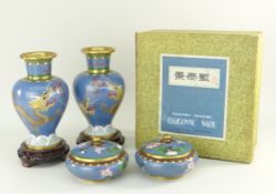 PAIR OF CHINESE CLOISONNE ENAMEL DRAGON VASES & STANDS, 20cms high and a pair of covered jars