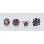 FOUR 9CT YELLOW GOLD SEMI-PRECIOUS STONE SET RINGS including amethysts, 13.2gms (4)