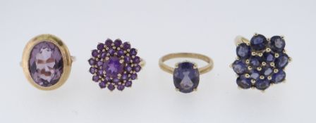 FOUR 9CT YELLOW GOLD SEMI-PRECIOUS STONE SET RINGS including amethysts, 13.2gms (4)