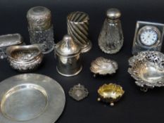 ASSORTED SILVER COLLECTABLES including Victorian oval salt, Victorian pierced nut dish, shell