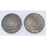 TWO UNITED STATES SILVER ONE DOLLARS, 1890 San Francisco Mint and 1887 Philadelphia Mint (2)