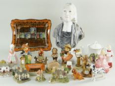 ASSORTED COLLECTABLE CHINA, including pottery bust of John Wesley, 33cms high, Hummel figures,