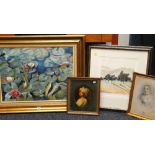 ASSORTED PICTURES including acrylic on canvas of water lilies by R HOPKINS, 48 x 65cms, two prints