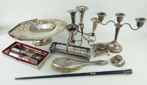 ASSORTED SILVER & SILVER PLATE including a silver presentation three-branch candelabrum, plated