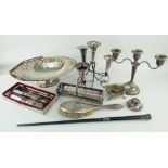 ASSORTED SILVER & SILVER PLATE including a silver presentation three-branch candelabrum, plated
