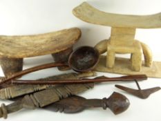 ASHANTI STOOL, LOBI STOOL, THREE TUAREG TENT POSTS, SWAZI AXE, WEST AFRICAN LADLE (7)