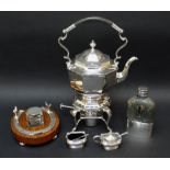 GROUP OF PLATE, including electroplated kettle, horse shoe inkwell, glass spirit flask and pair of