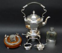 GROUP OF PLATE, including electroplated kettle, horse shoe inkwell, glass spirit flask and pair of