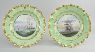 STEFAN DAMIAN NOWACKI, PAIR OF BONE CHINA CABINET PLATES, painted with tall ships, green and gilt