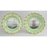 STEFAN DAMIAN NOWACKI, PAIR OF BONE CHINA CABINET PLATES, painted with tall ships, green and gilt