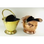 TWO EARLY 20TH CENTURY COAL SCUTTLES one copper helmet shaped scuttle and a brass Arts & Crafts
