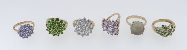 SIX 9CT YELLOW GOLD SET QVC RINGS SET WITH SEMI-PRECIOUS STONES, 18.7gms (6)
