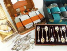 ASSORTED SILVER ITEMS to include cased teaspoons, case brush and comb set, five Rodway golf spoons