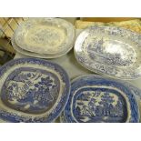 ASSORTED STAFFORSHIRE BLUE & WHITE PRINTED MEAT PLATTERS (8)