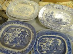 ASSORTED STAFFORSHIRE BLUE & WHITE PRINTED MEAT PLATTERS (8)