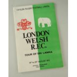 LONDON WELSH RFC 1972 SRI LANKA TOUR PROGRAMME, dated 10 to 26 August 1972, signed by all the