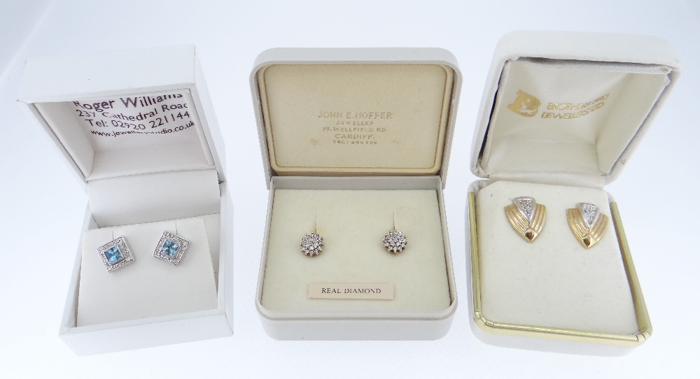 THREE PAIRS OF DIAMOND SET EARRINGS IN BOXES