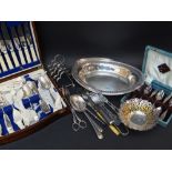 ASSORTED SILVER PLATE including an oak canteen for six place settings, boxed grapefruit spoons, oval