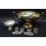 ARTS & CRAFTS PEDESTAL SILVER PLATED BOWL, 35cms diam., another glass lined sugar bowl, two pairs of