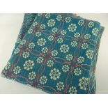 VINTAGE WELSH TAPESTRY WOVEN WOOLLEN BLANKET, in teal, white and scarlet